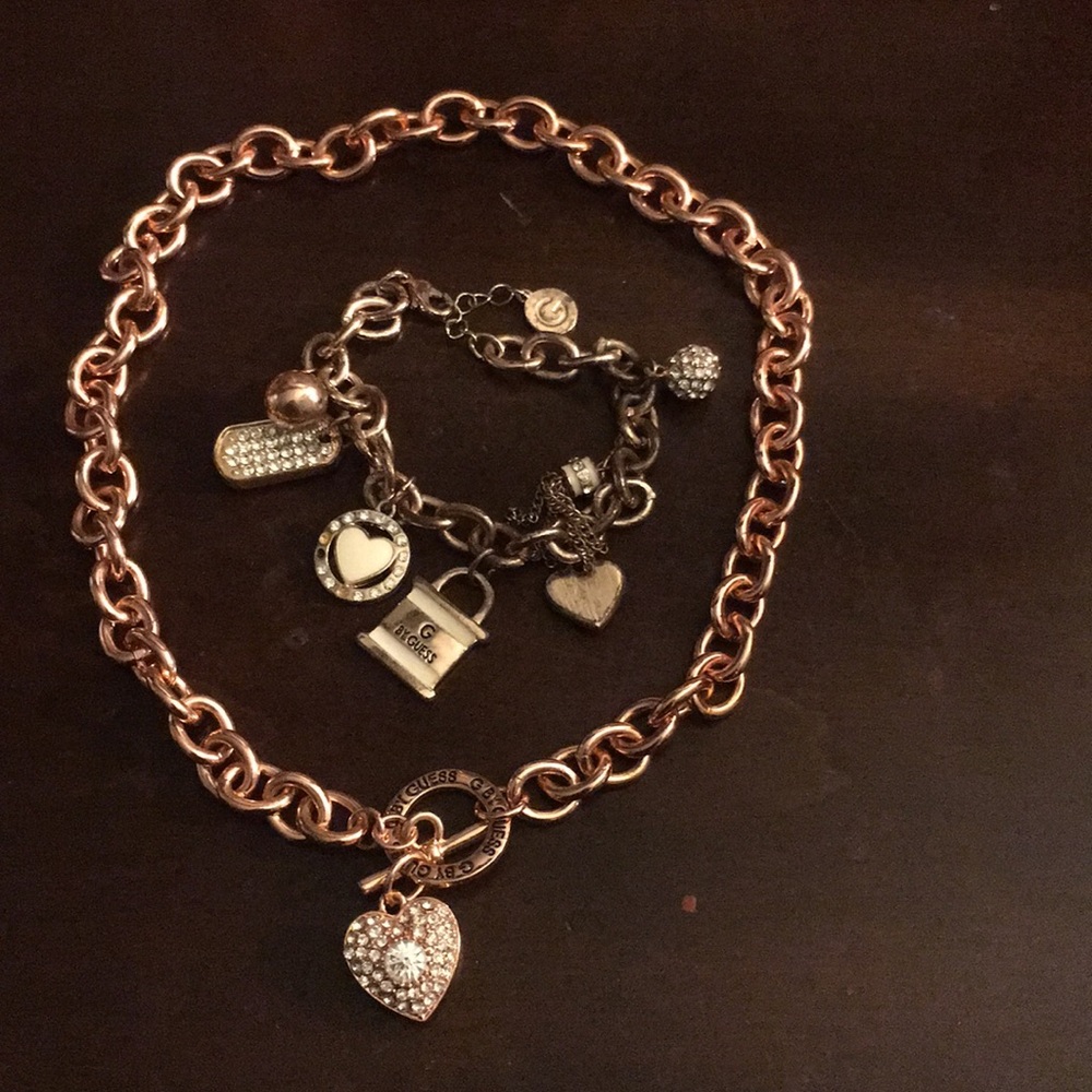 Cute gold rose Guess necklace W/Charm bracelet